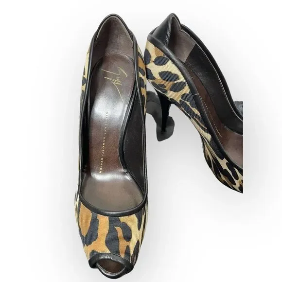 Giuseppe Zanotti Leopard Print Canvas Peep Toe Pumps 37.5 w/ dustbag - Picture 11 of 11